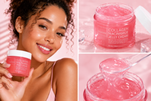 Beautiful American woman holding collagen niacinamide jelly cream for glowing hydrated skin