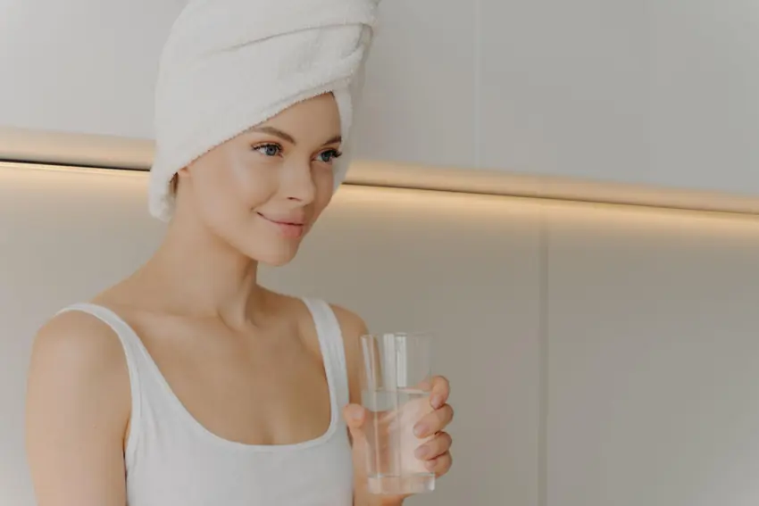Woman with healthy hydrated skin holding a skincare wellness routine