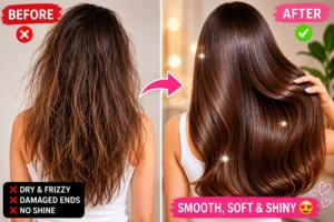 Healthy glossy brunette hair with keratin collagen hair mask beauty treatment