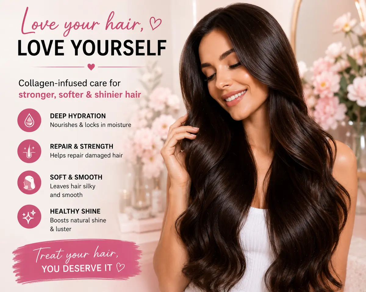 Woman with long shiny dark hair holding collagen keratin hair mask for dry damaged hair