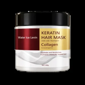 Keratin collagen hair mask for dry and damaged hair with soft pink spa beauty background