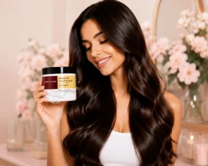 Healthy glossy brunette hair with keratin collagen hair mask beauty treatment