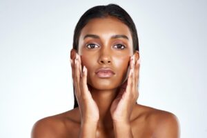 Dewy healthy skin supported by collagen hydration care
